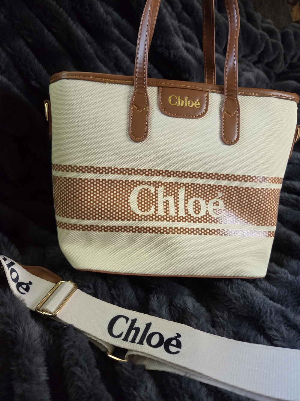 Cream & Brown Canvas Tote with Logo Strap